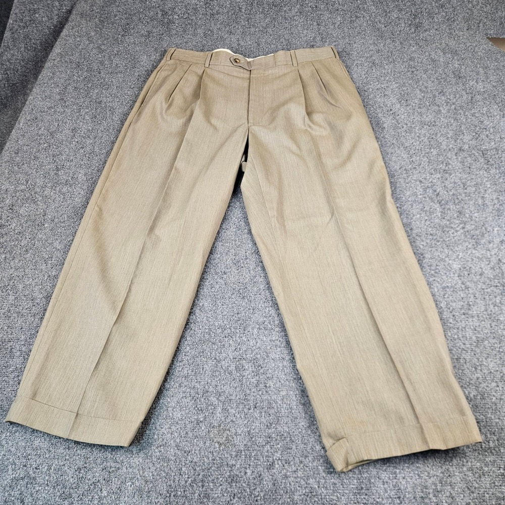 Jos A Bank Mens 38R Tan 100% Wool Pleated Cuffed Dress Pants Trousers Khaki